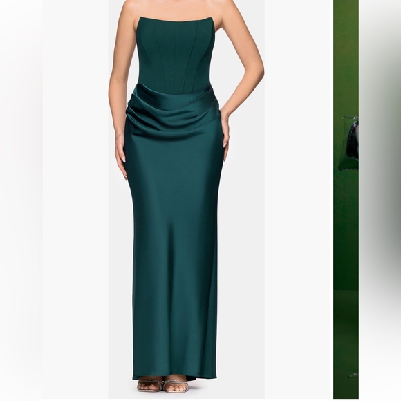 Betsy & Adam Debra Strapless Mixed Media Gown Maxi Dress in Pine Green Size 4